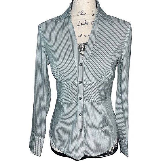 Express Design Studio fitted green, white & black striped blouse small - Picture 1 of 4
